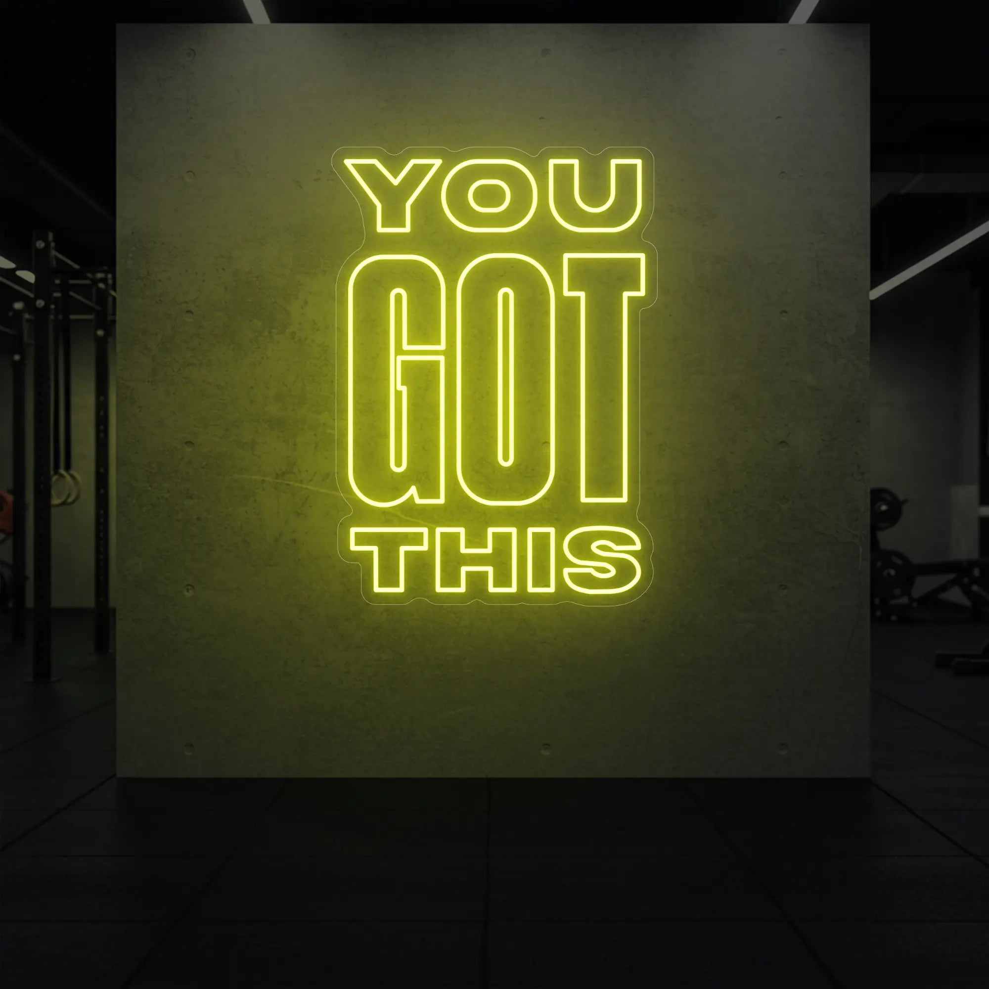 Photo of the 'YOU GOT THIS' neon sign glowing in lemon yellow against a styled interior wall.