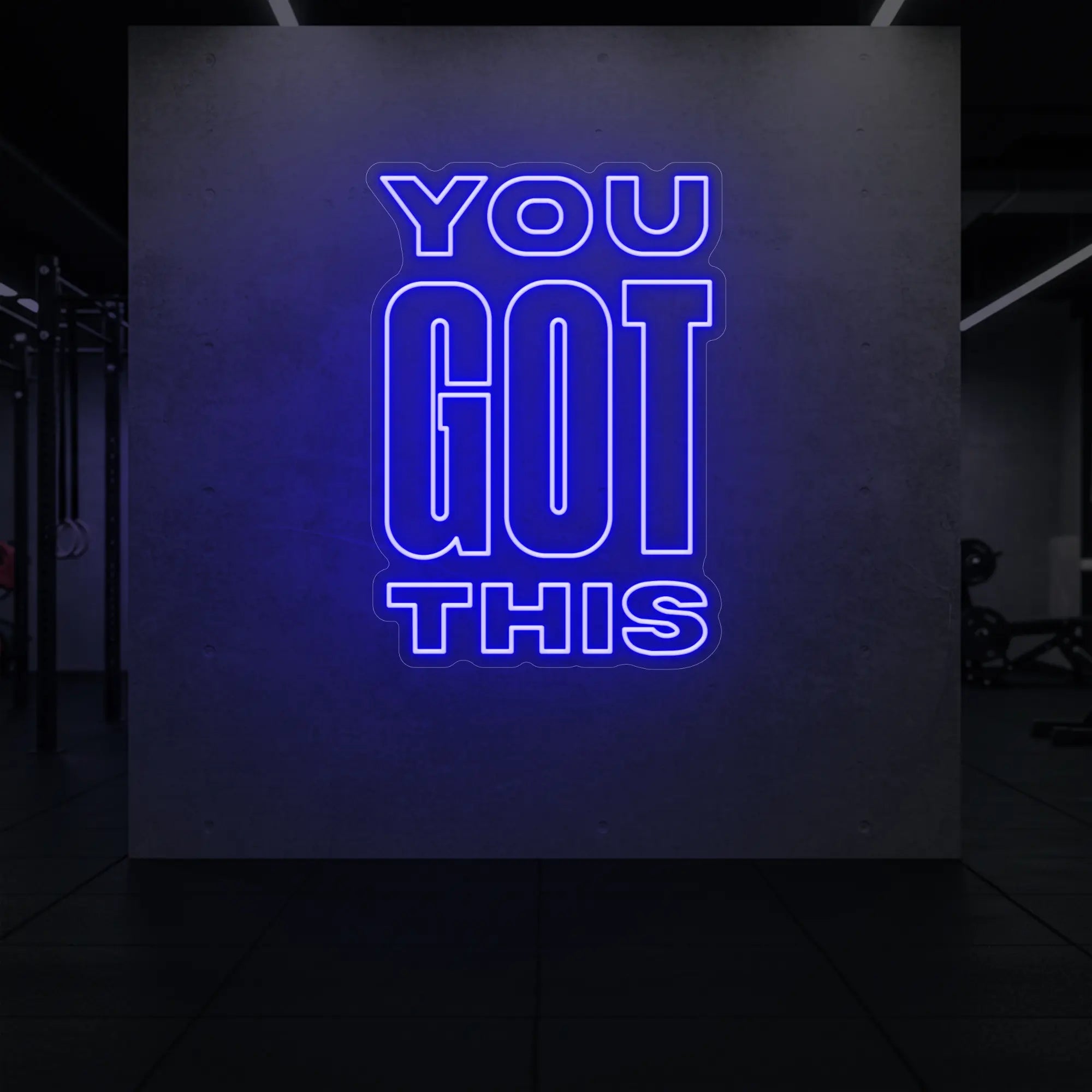 Photo of the 'YOU GOT THIS' neon sign glowing in deep blue against a styled interior wall.