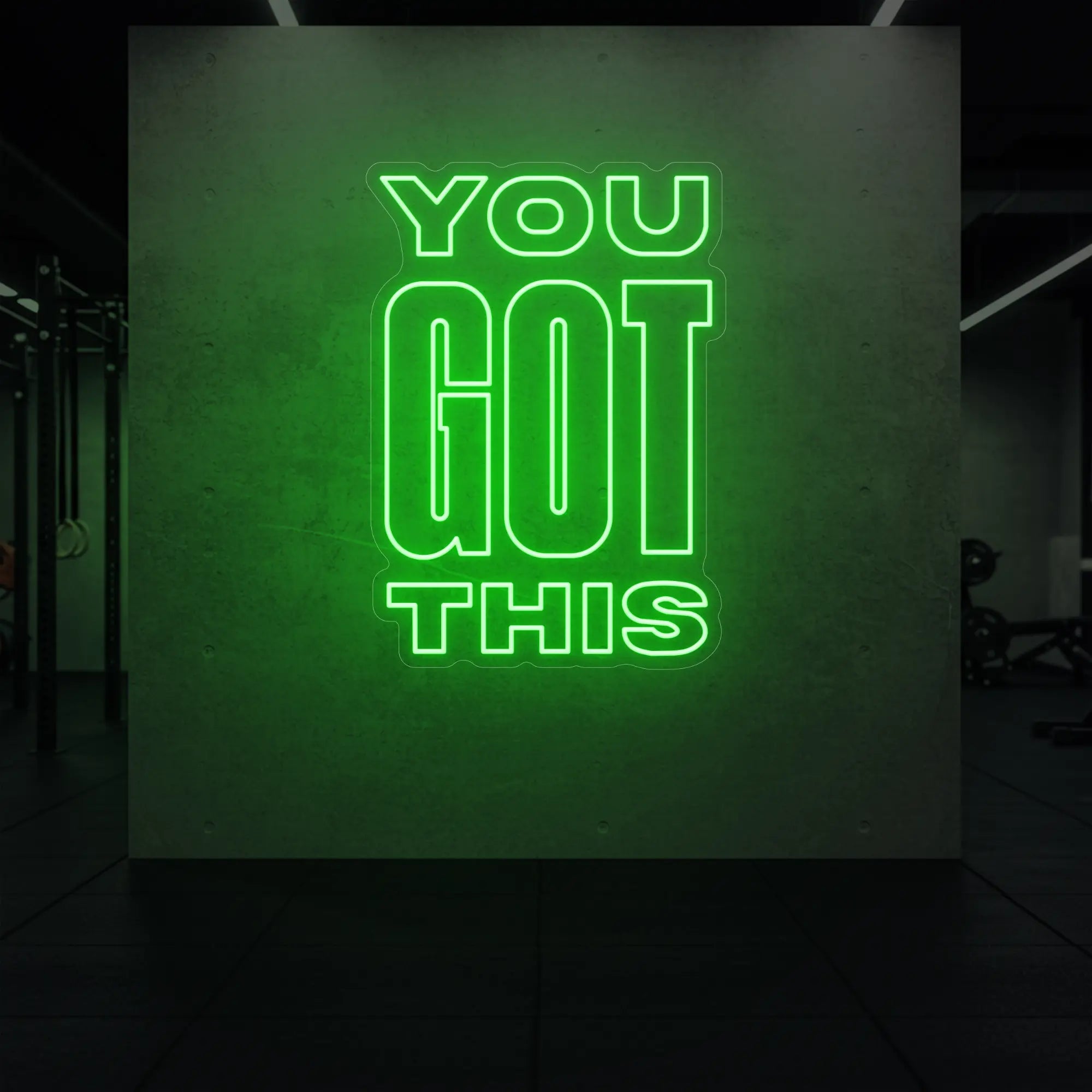 Photo of the 'YOU GOT THIS' neon sign glowing in green against a styled interior wall.