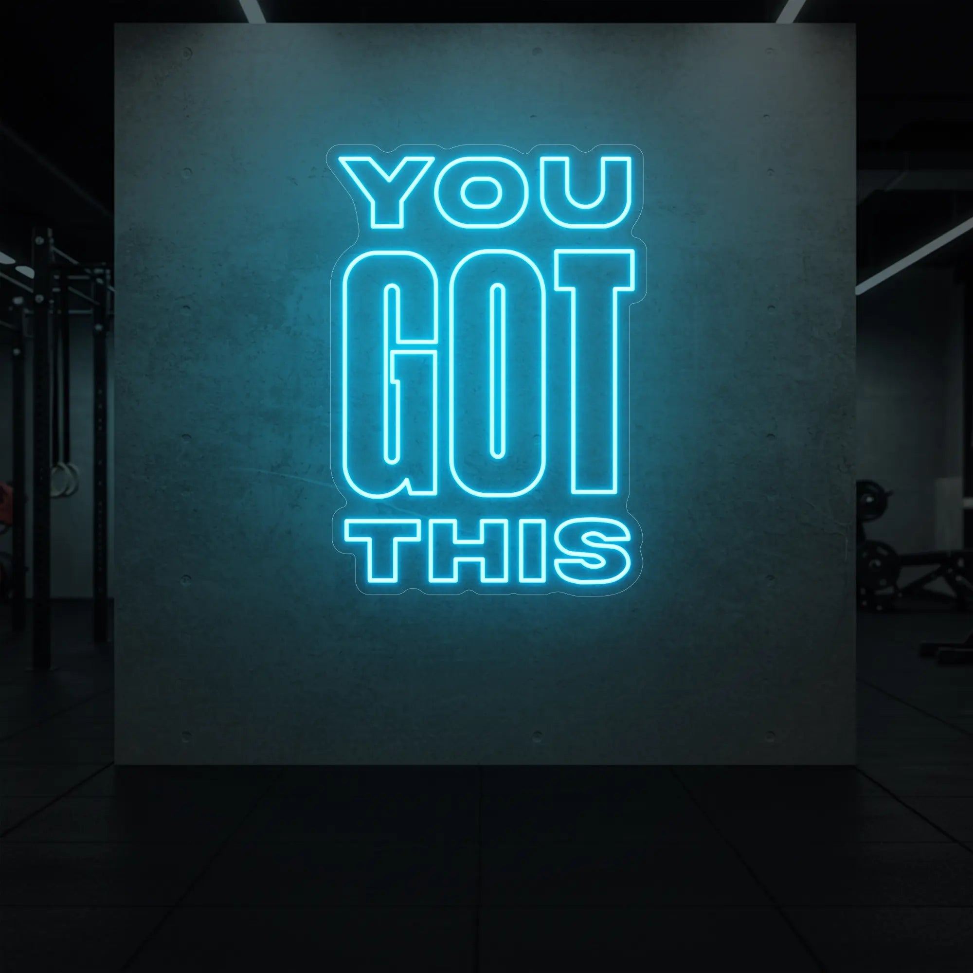 Photo of the 'YOU GOT THIS' neon sign glowing in ice blue against a styled interior wall.