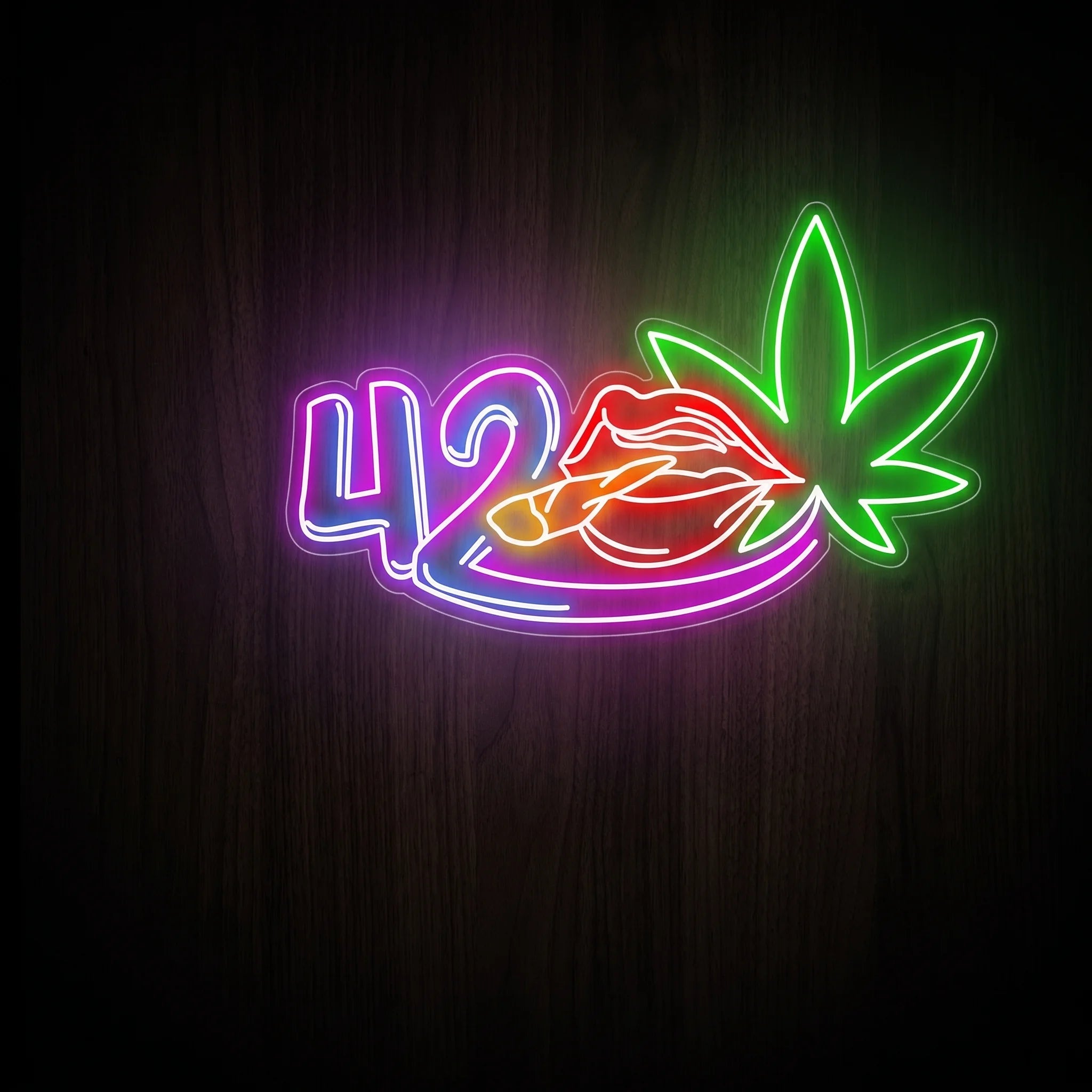 420 LED neon sign featuring colorful 420 numbers, smoking lips with a rolled joint, and a bright green cannabis leaf on a clear acrylic backing.
