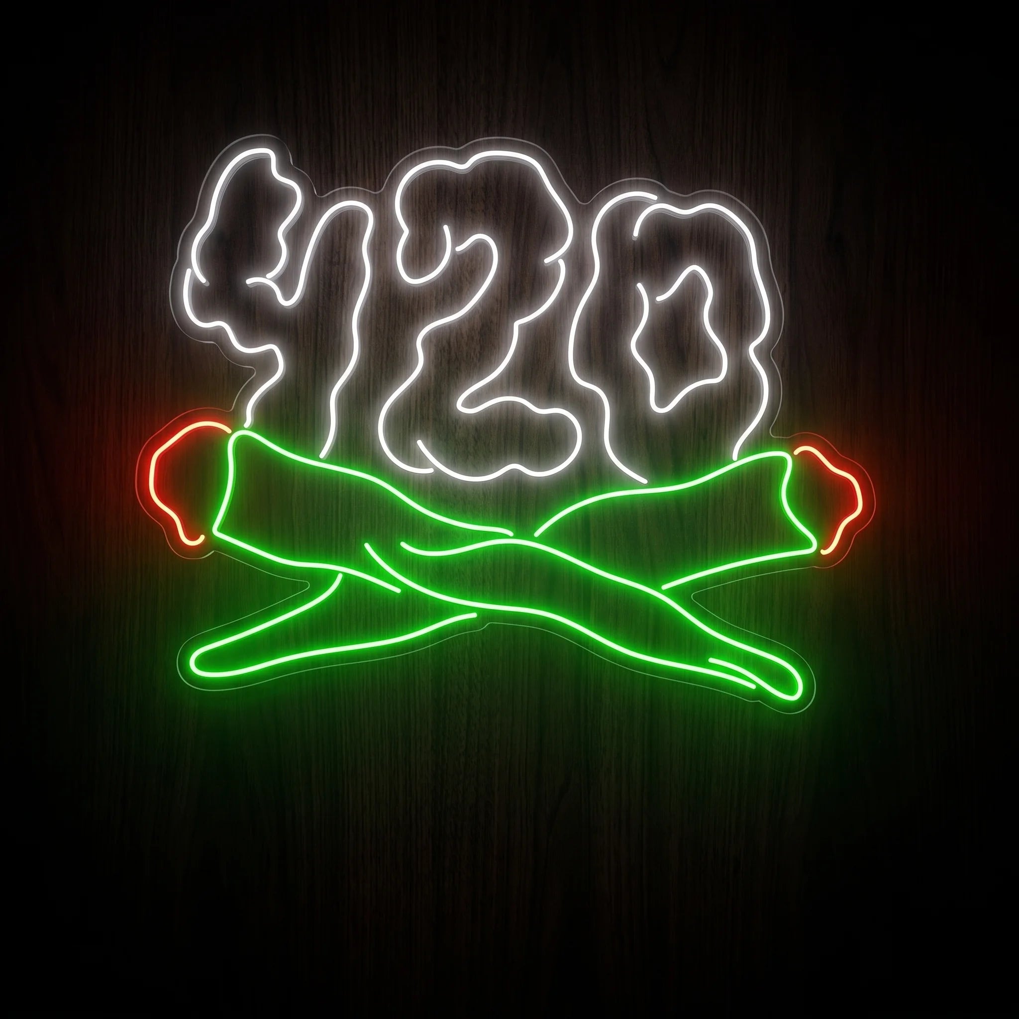 420 Crossbones Cannabis LED neon sign on clear acrylic backing with green crossed joints, white smoke lettering, and red accents for cannabis-themed wall décor.