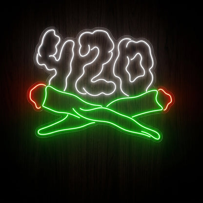 420 Crossbones Cannabis LED neon sign on clear acrylic backing with green crossed joints, white smoke lettering, and red accents for cannabis-themed wall décor.
