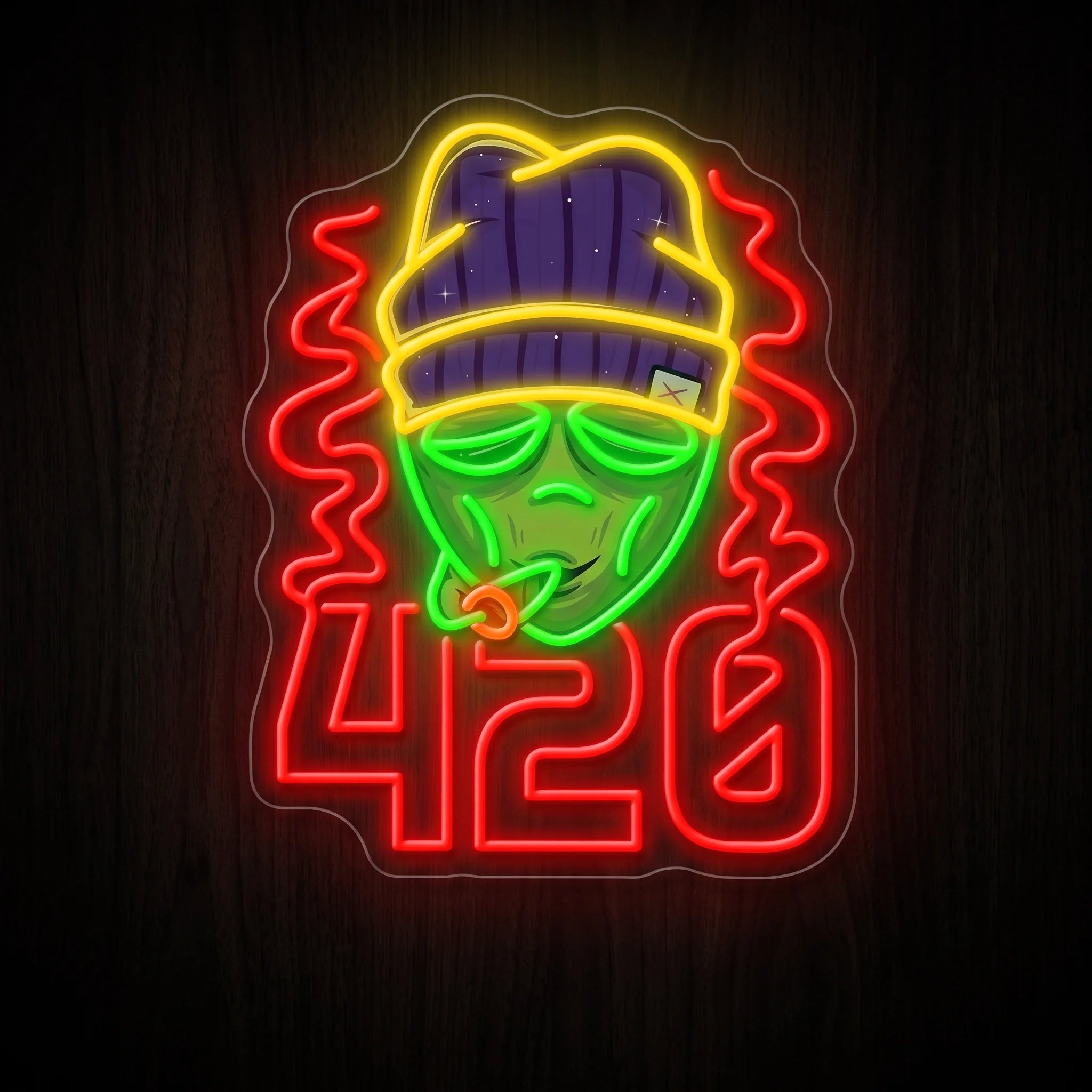 420 Street Vibes LED neon sign featuring a street-style character wearing a beanie above glowing 420 numbers in vibrant multicolor LEDs on a clear acrylic backing.