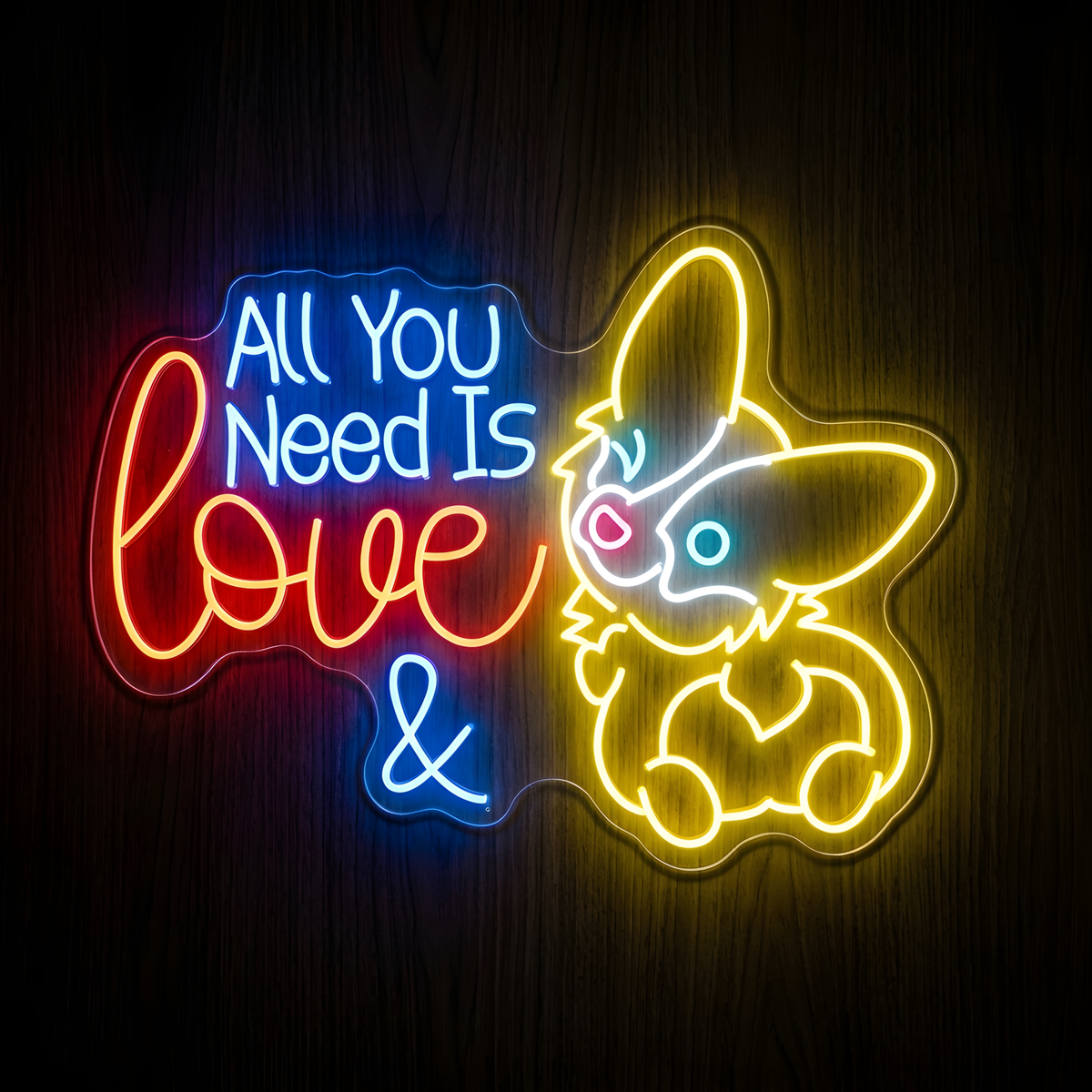 All You Need Is Love & A Dog LED Neon Sign featuring colorful glowing text and an adorable yellow dog illustration, designed for dog lovers, pet stores, grooming salons, veterinary clinics, animal shelters, and pet-themed wall decor