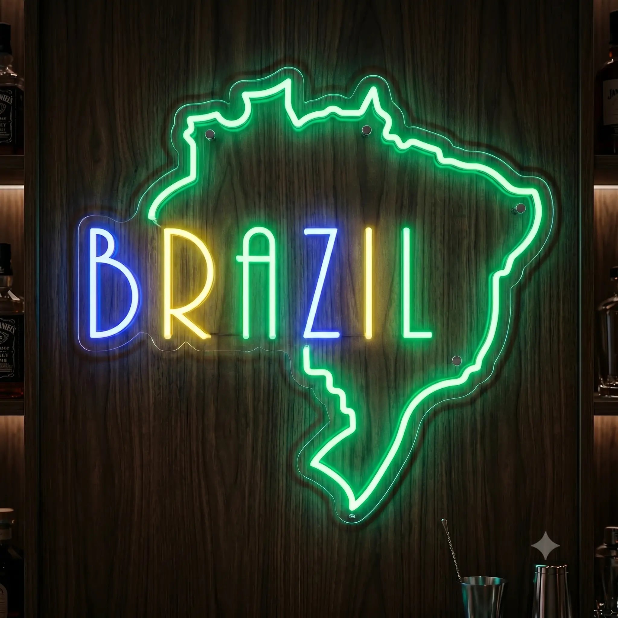 Brazil football neon sign glowing on dark wood wall in sports bar setting