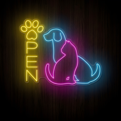 Colorful Pets Open LED Neon Sign featuring a yellow vertical OPEN message with paw print and glowing blue dog and pink cat silhouettes on clear acrylic backing, ideal for pet shops, veterinary clinics, grooming salons, pet boutiques, dog daycare facilities, and animal shelters