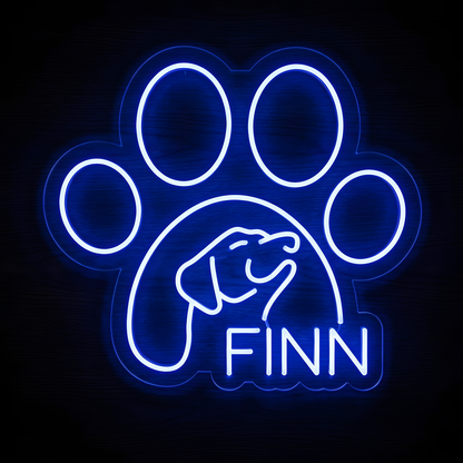 Custom Dog Paw Name LED Neon Sign featuring a large glowing paw print, dog outline, and personalized pet name for dog lover wall decor