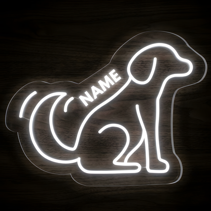 Custom Name Dog LED Neon Sign featuring a glowing white line-art dog silhouette with a personalized pet name across the design on clear acrylic backing, ideal for dog owners, pet room decor, grooming salons, veterinary clinics, pet boutiques, and personalized dog gifts