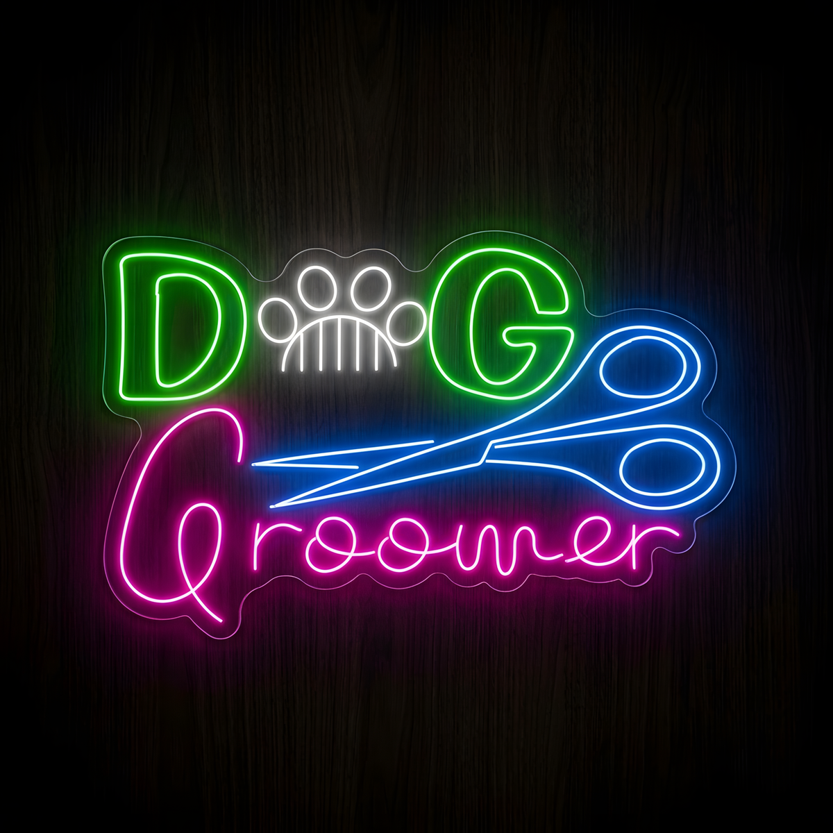 Dog Groomer Salon LED Neon Sign featuring green DOG lettering with a white paw print, blue grooming scissors, and pink Groomer script on clear acrylic backing, ideal for dog grooming salons, professional pet groomers, pet spas, mobile grooming businesses, and pet care shops