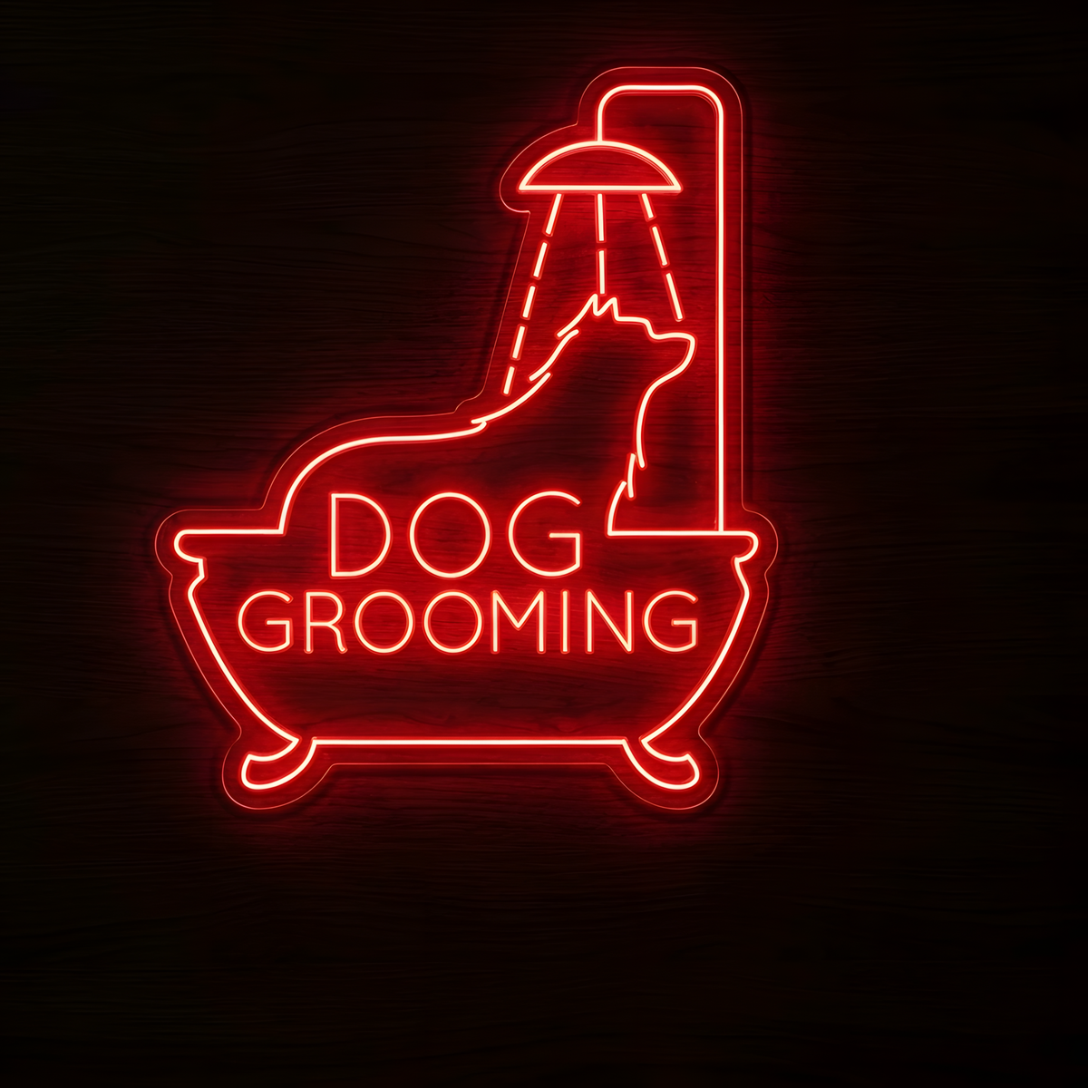 Dog Grooming Bath LED Neon Sign featuring a glowing red outline of a dog sitting in a bathtub beneath a shower head with Dog Grooming lettering, displayed on clear acrylic against a dark wood background for pet salons, dog groomers, pet spas, and animal care businesses.