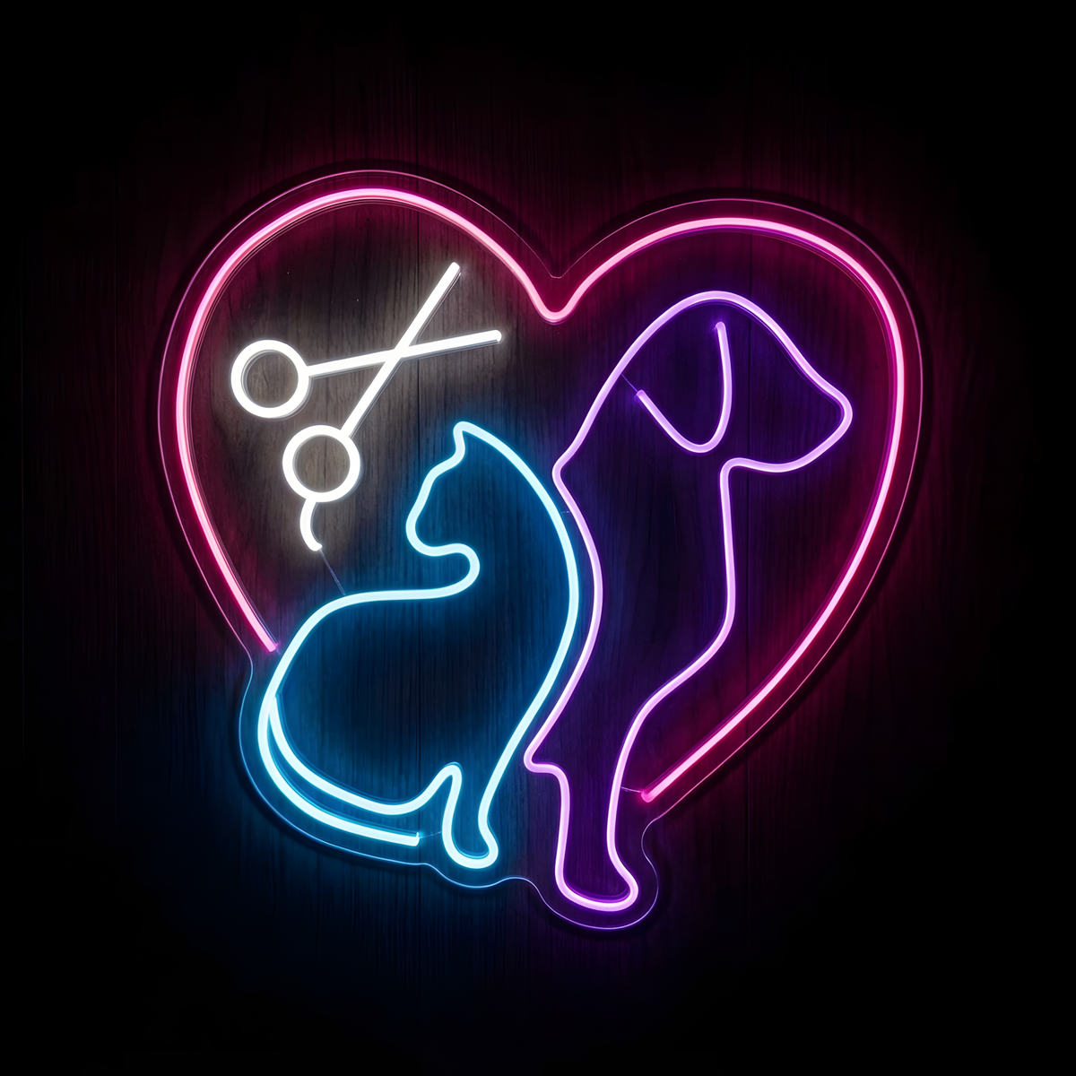 Dog & Cat Grooming Heart LED Neon Sign featuring glowing dog and cat outlines, grooming scissors, and a heart design for pet grooming salon wall decor