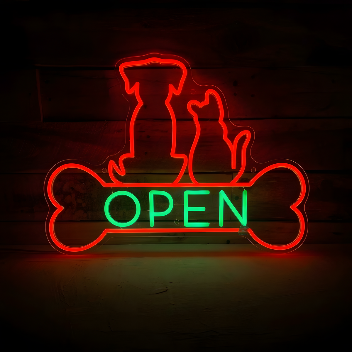 Dog & Cat Open Bone LED Neon Sign featuring glowing red dog and cat silhouettes above a red bone outline with a bright green OPEN message, ideal for pet stores, grooming salons, veterinary clinics, dog daycare facilities, pet boutiques, and animal shelters