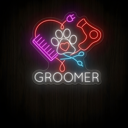 Groomer Tools LED Neon Sign featuring GROOMER lettering, grooming scissors, comb, electric clippers, paw print and heart for pet grooming salon wall decor