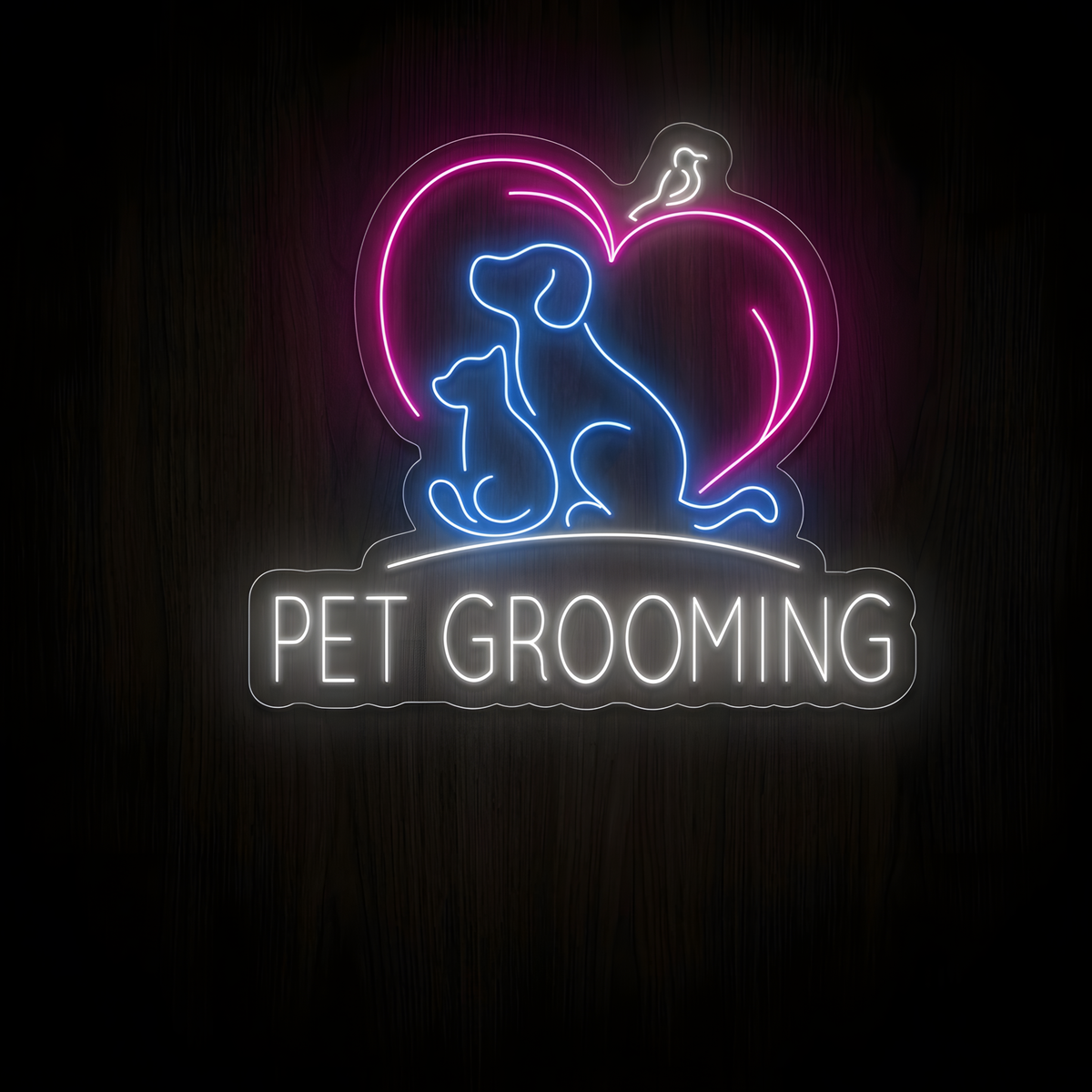 Heart Pet Grooming LED Neon Sign featuring PET GROOMING lettering, seated dog and cat silhouettes, a glowing heart outline, and small bird accent for pet grooming salon wall decor