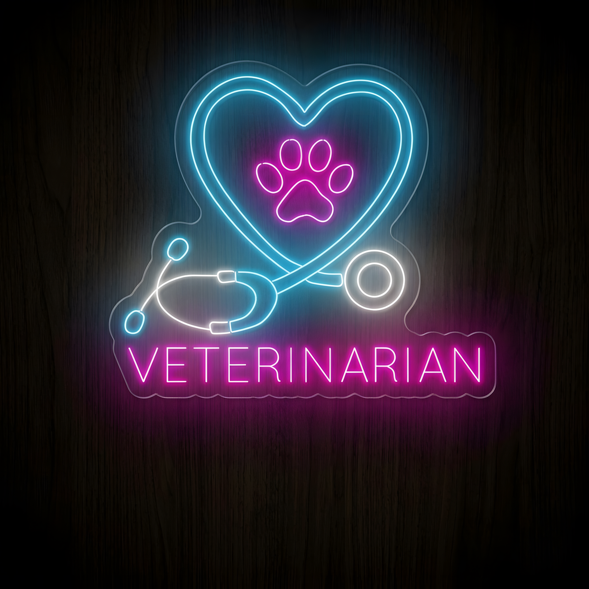 Heartbeat Veterinarian LED Neon Sign featuring VETERINARIAN lettering, a heart-shaped stethoscope, and glowing paw print for veterinary clinic and animal hospital wall decor