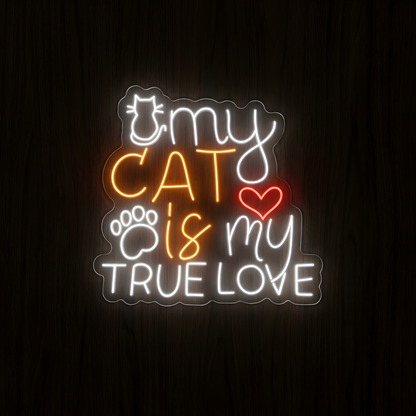 My Cat Is My True Love LED Neon Sign featuring glowing my CAT is my TRUE LOVE lettering with a cat icon, paw print, and red heart for cat lover wall decor
