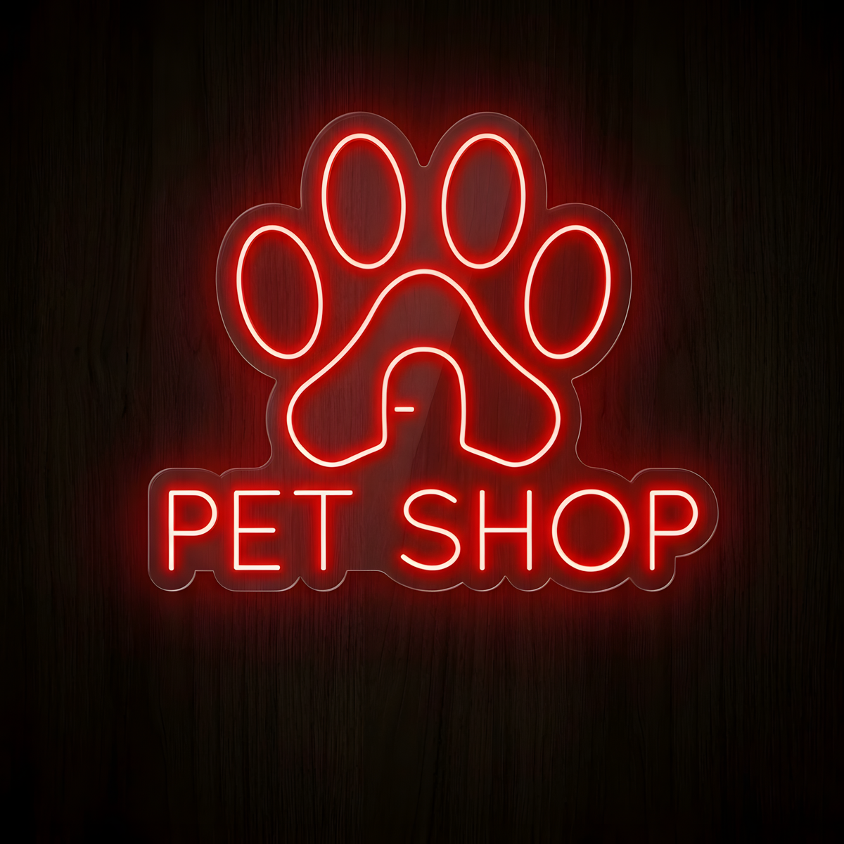 Paw House Pet Shop LED Neon Sign featuring a bright red glowing paw print with a house-shaped center and illuminated PET SHOP lettering on clear acrylic backing, designed for pet stores, pet supply shops, pet boutiques, animal care businesses, and pet retail storefronts