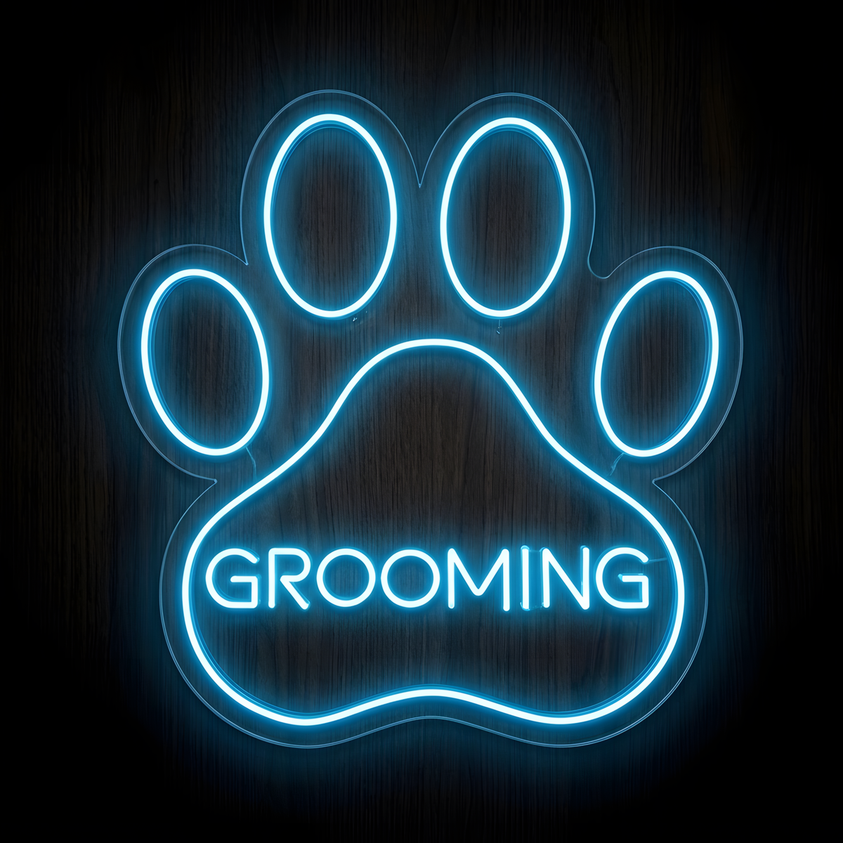 Paw Print Grooming LED Neon Sign featuring a large glowing blue paw print with GROOMING lettering for pet grooming salons, pet spas, and groomer wall decor