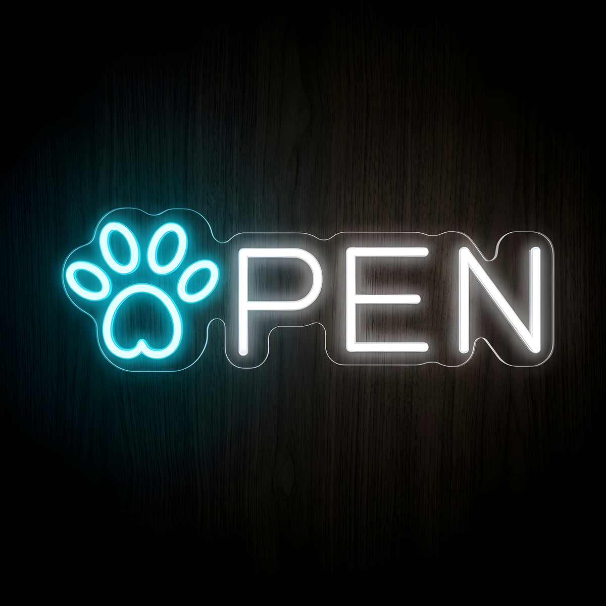 Paw Print Open LED Neon Sign featuring a glowing blue paw print as the letter O with bright OPEN lettering for pet shop, grooming salon, and pet business storefront decor
