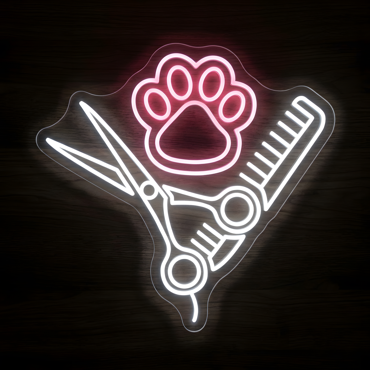 Paws & Clippers Grooming LED Neon Sign featuring a glowing pink paw print with bright white grooming scissors and comb for dog groomers, pet salons, pet spas, and grooming business wall decor
