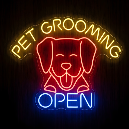 Pet Grooming Open LED Neon Sign featuring a cute red dog face with curved yellow PET GROOMING lettering and bright blue OPEN text on clear acrylic backing, designed for dog grooming salons, pet spas, pet care businesses, reception areas, and storefront windows