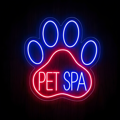 Pet Spa Paw Print LED Neon Sign featuring a large glowing paw design in blue, red, and white with illuminated PET SPA lettering for pet spas, dog grooming salons, pet boutiques, and pet-care business wall decor