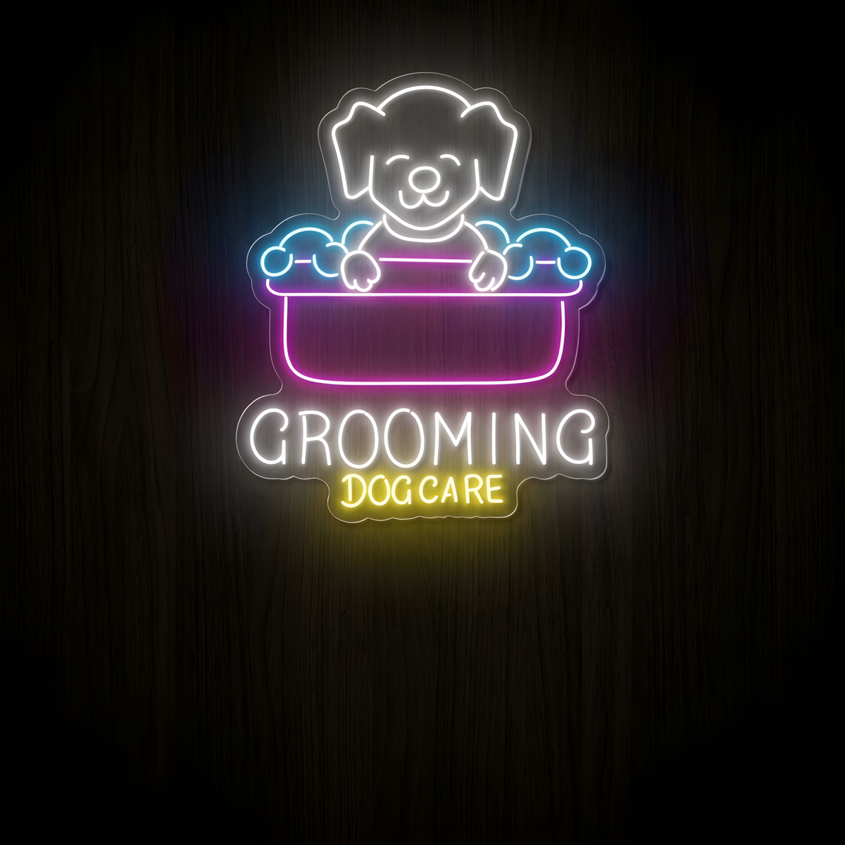 Dog Grooming Care LED Neon Sign featuring a cute white neon dog inside a bright pink grooming tub with blue bubble accents, white Grooming lettering and yellow Dog Care text on clear acrylic against a dark wood wall.