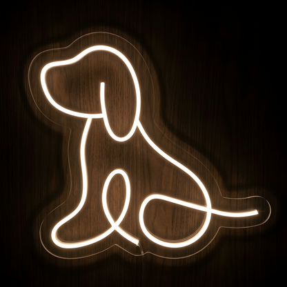 Sitting Puppy Outline LED Neon Sign featuring a minimalist warm white dog silhouette on clear acrylic backing, ideal for dog lovers, pet stores, grooming salons, veterinary clinics, dog daycare facilities, and modern pet-themed wall decor