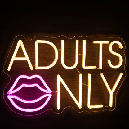 Adults Only LED neon sign featuring warm golden-yellow ADULTS ONLY lettering with a bright pink lips design.
