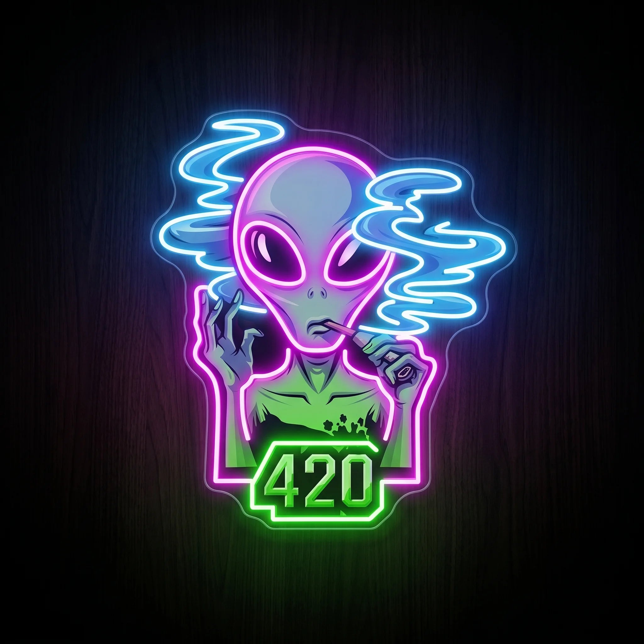 Alien 420 Cannabis LED neon sign featuring a smoking alien with colorful neon outlines above a glowing 420 emblem on a clear acrylic backing.
