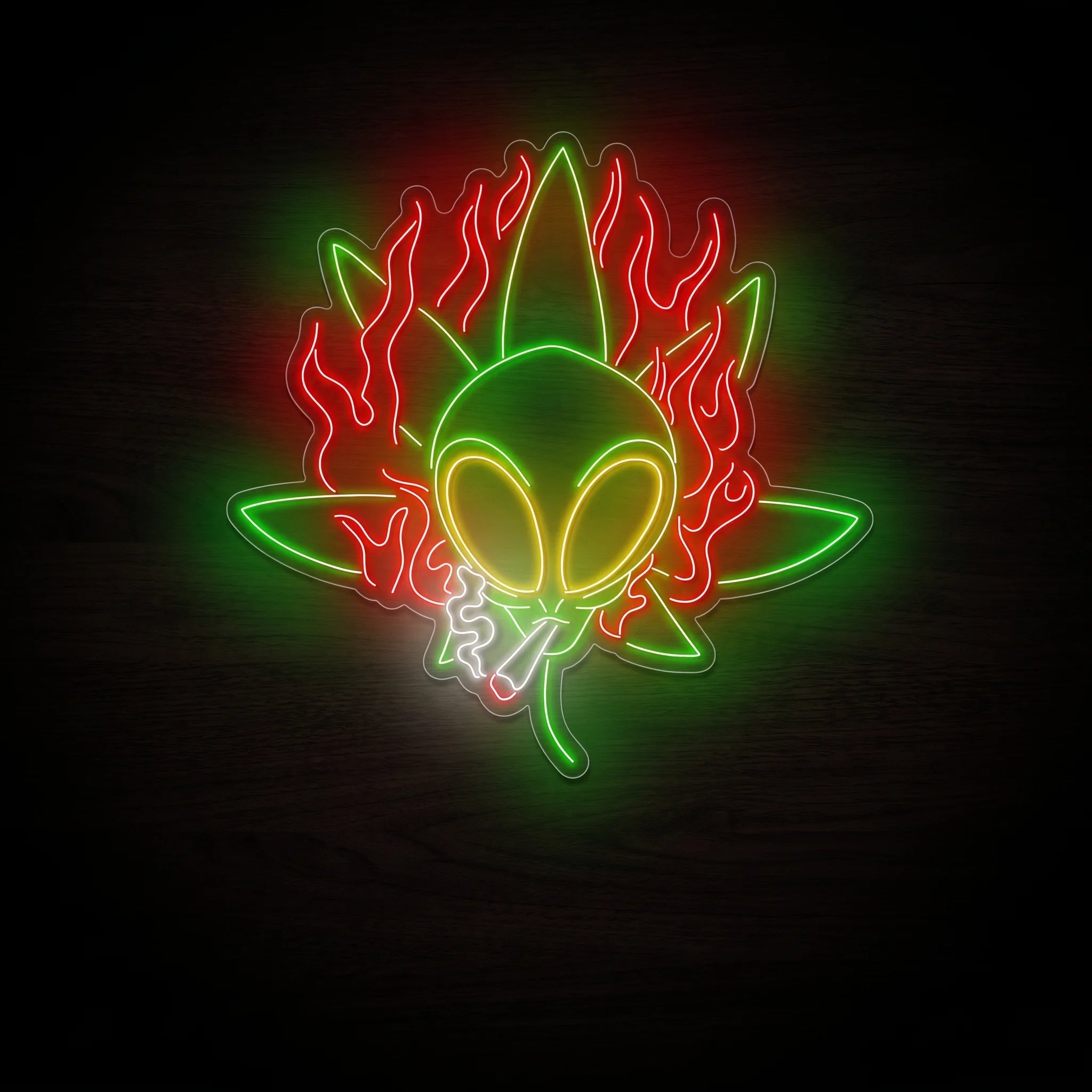 Green alien cannabis flame LED neon sign with yellow eyes, red flames, a cannabis leaf, smoking joint, white smoke, and clear acrylic backing.