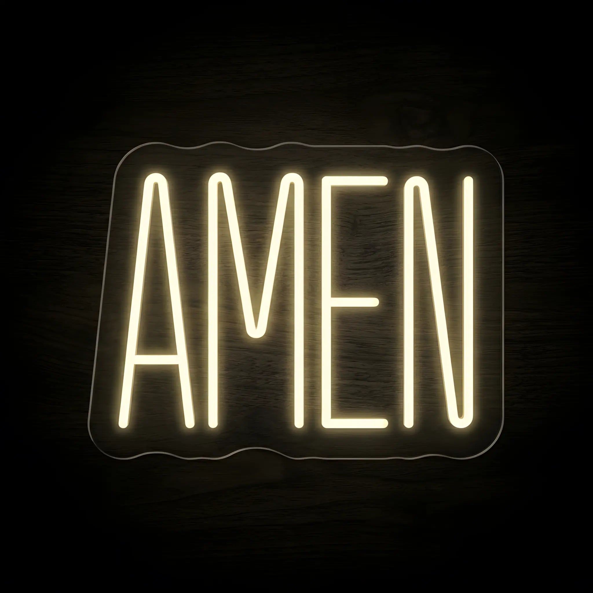 Amen LED neon sign on precision-cut acrylic backing with warm white illumination for Christian wall decor.