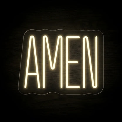 Amen LED neon sign on precision-cut acrylic backing with warm white illumination for Christian wall decor.