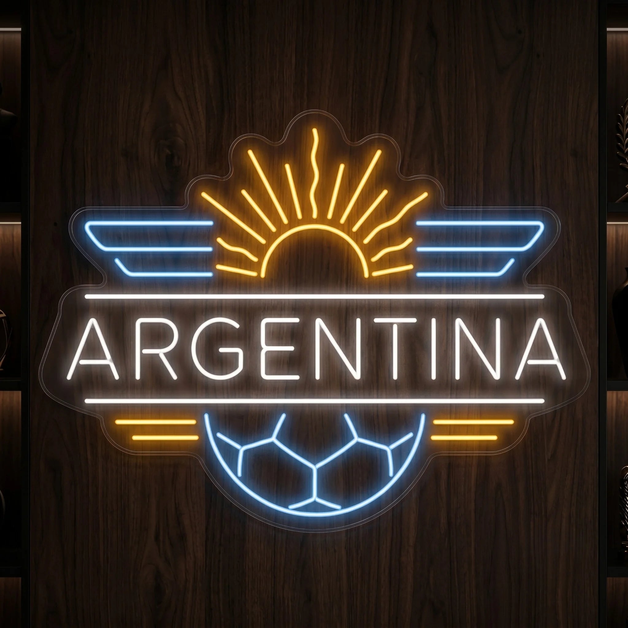 Argentina LED neon sign featuring football crest badge with sunrise and soccer ball design