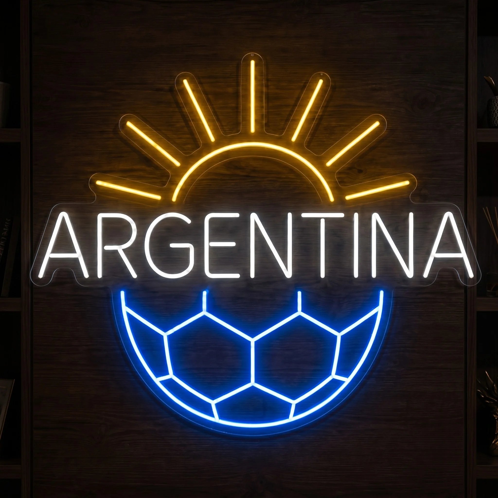 Argentina LED neon sign featuring sunrise rays and soccer ball design in blue, white and yellow