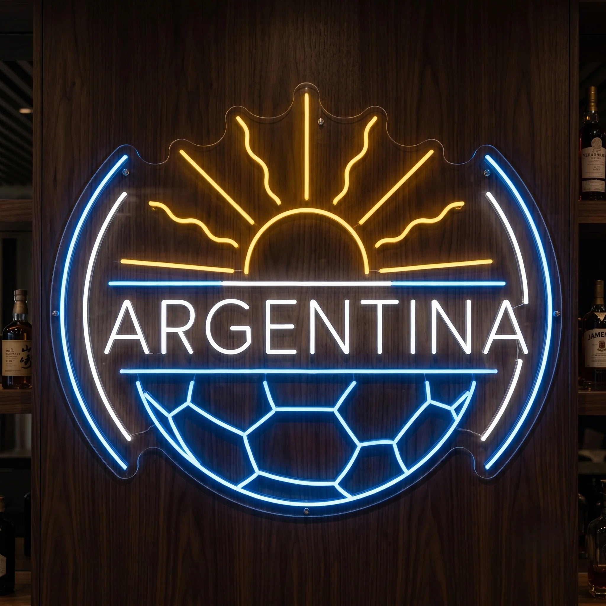 Argentina LED neon sign with soccer ball, sunrise rays and illuminated crest design