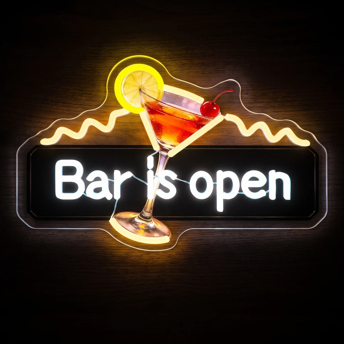 Bar Is Open LED neon sign with bright white lettering, illuminated cocktail glass, lemon slice and cherry.