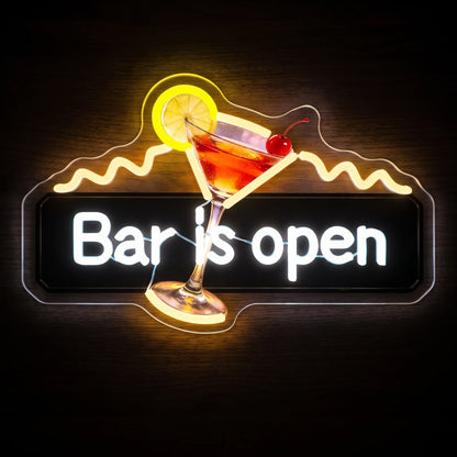 Bar Is Open LED neon sign with bright white lettering, illuminated cocktail glass, lemon slice and cherry.