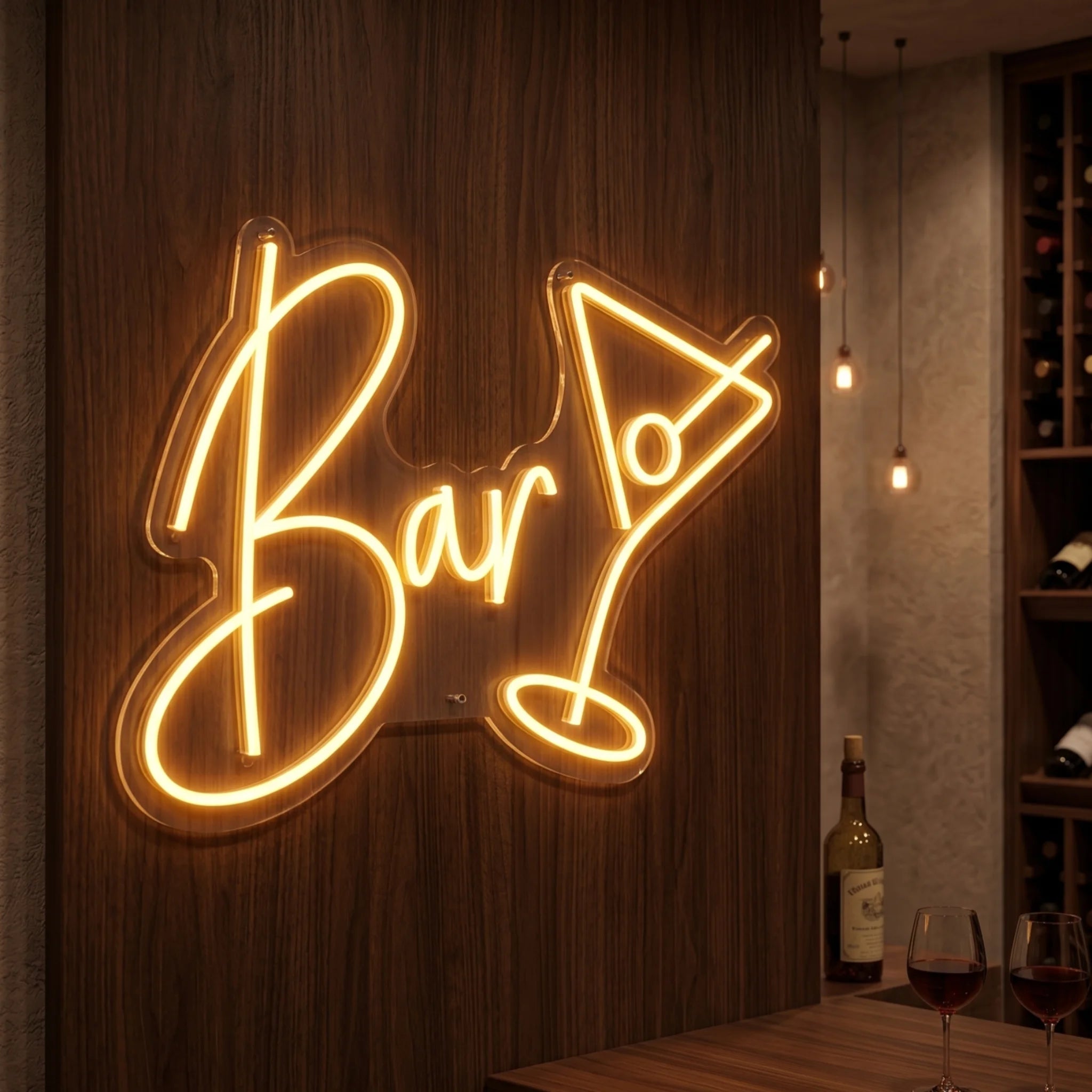 Photo of the 'BAR' neon sign glowing in warm white against a styled interior wall.