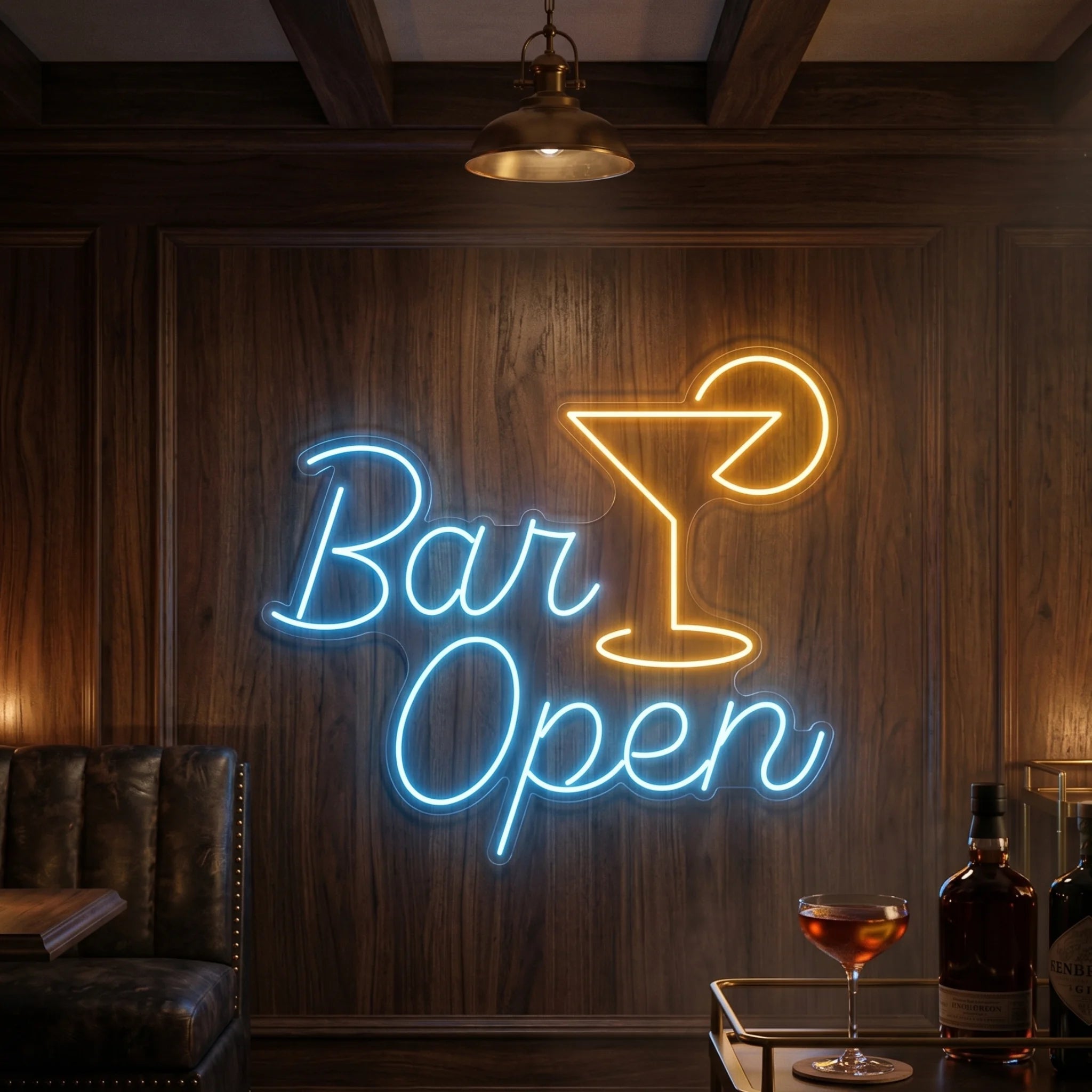 Photo of the 'BAR OPEN' neon sign glowing in ice blue and orange against a styled interior wall.