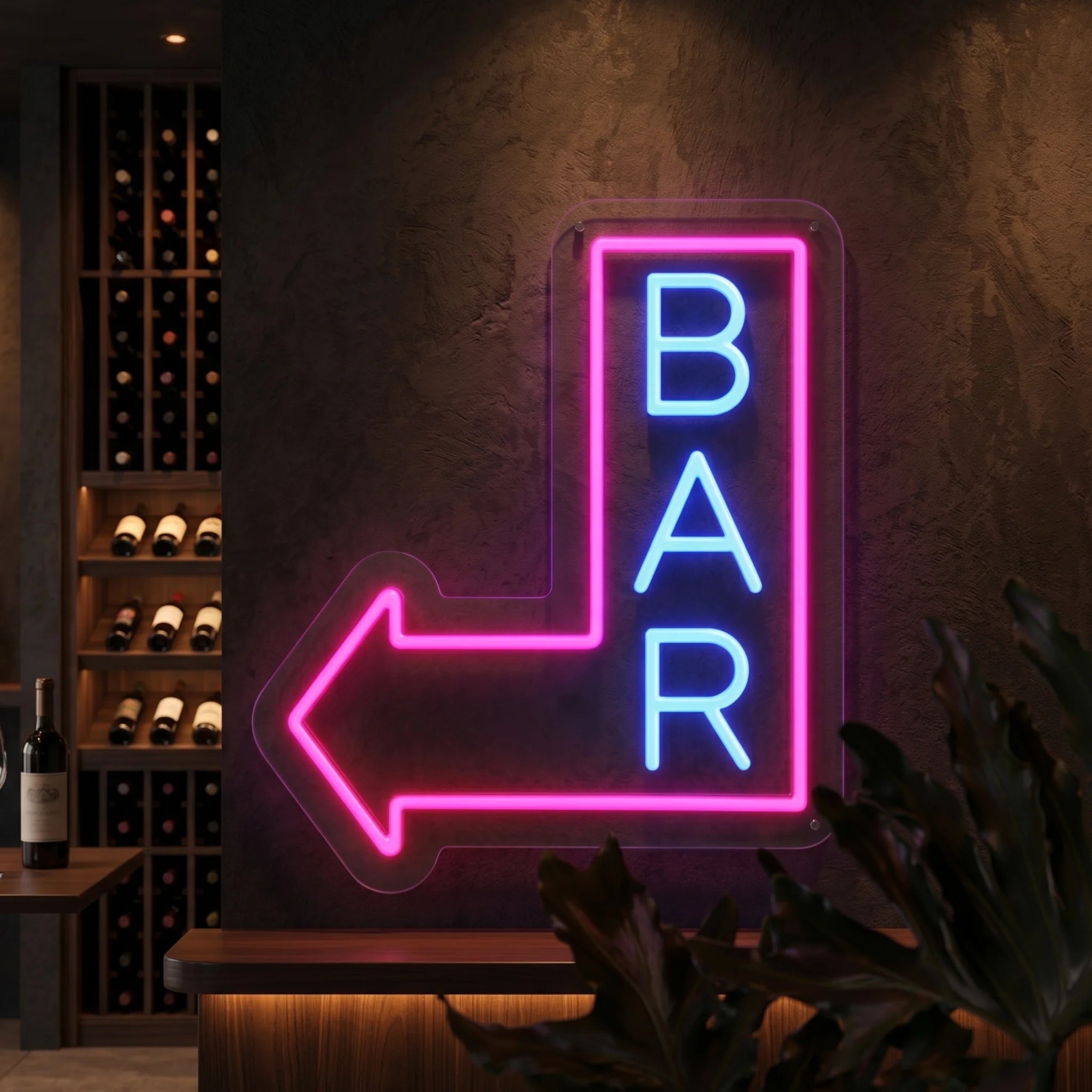 Photo of the 'BAR THIS WAY' neon sign glowing in ice blue and deep pink against a styled interior wall.
