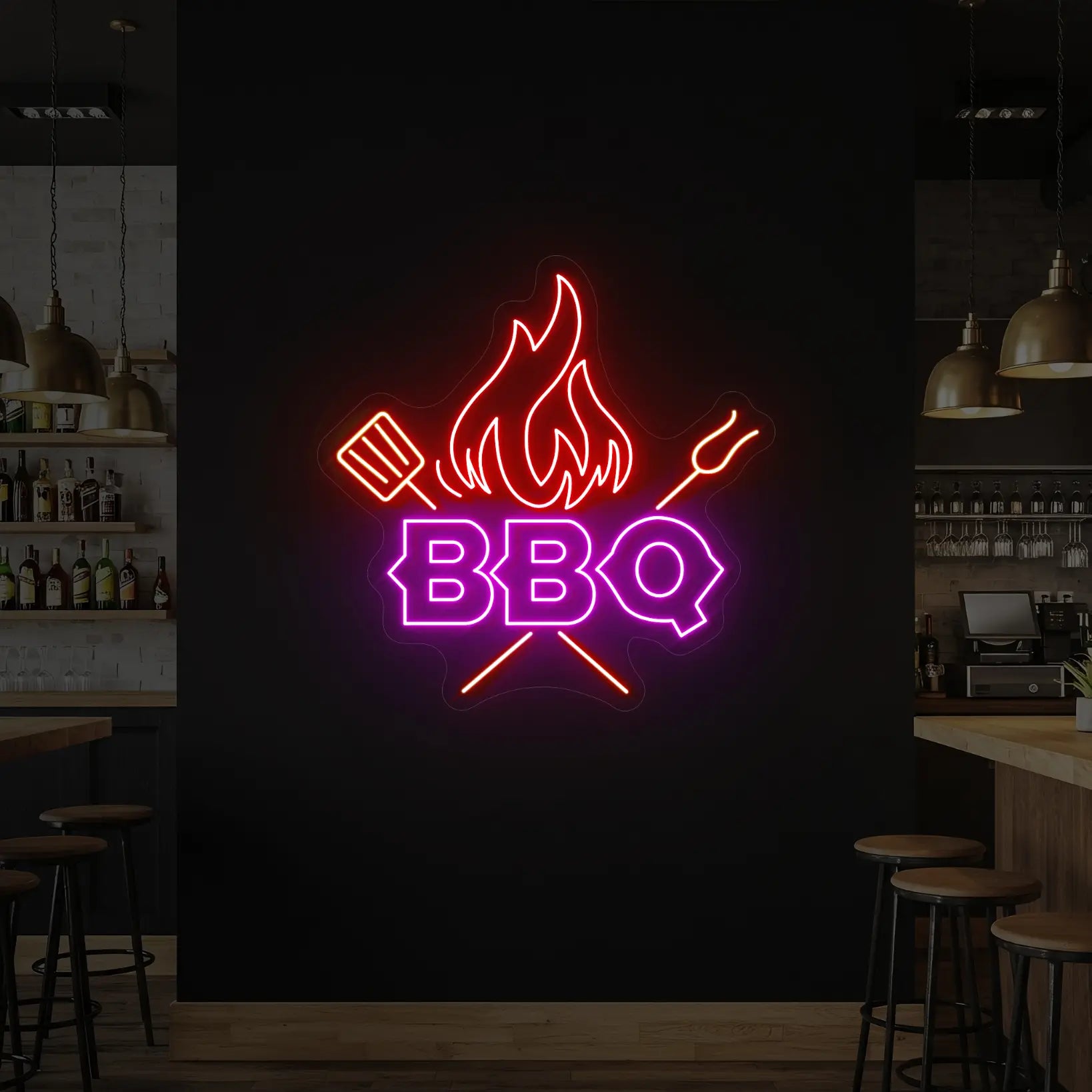 Photo of the 'BBQ' neon sign glowing in red and purple against a styled interior wall.