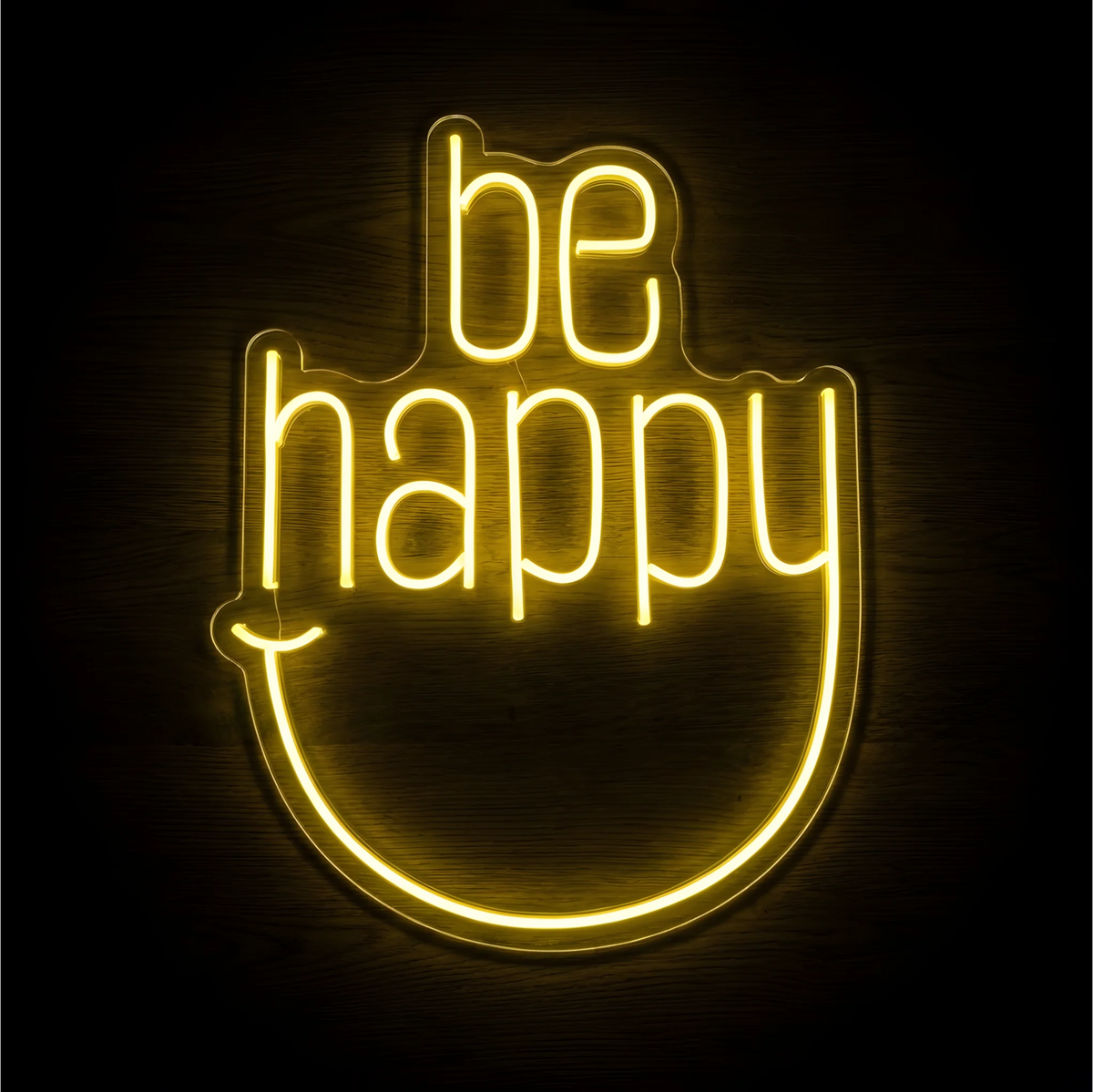 Make Today a Good Day LED Neon Sign with warm white uppercase lettering on clear acrylic against a dark wood background, suited to bedrooms and home offices.