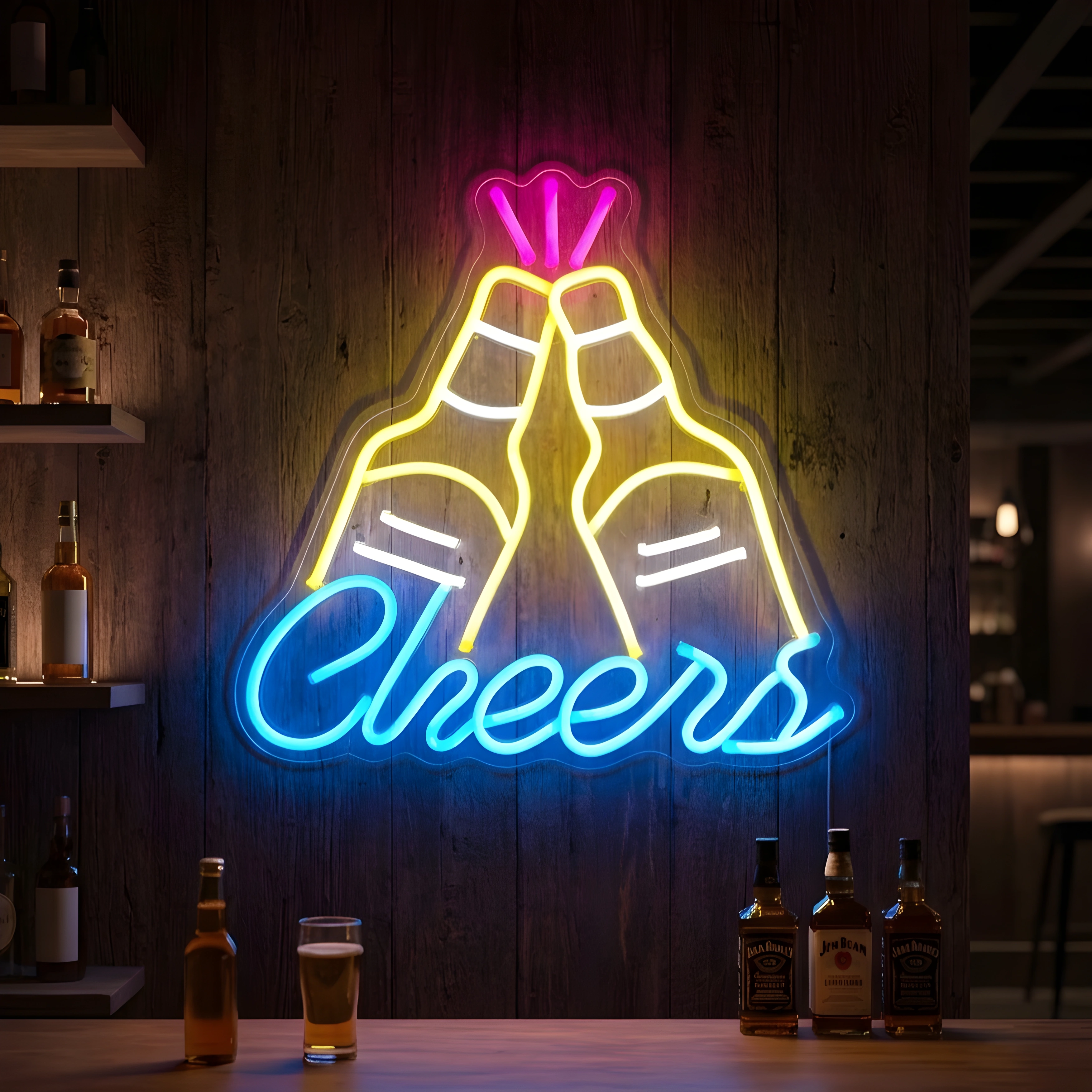 Photo of the 'CHEERS' neon sign glowing in multi-color against a styled interior wall.