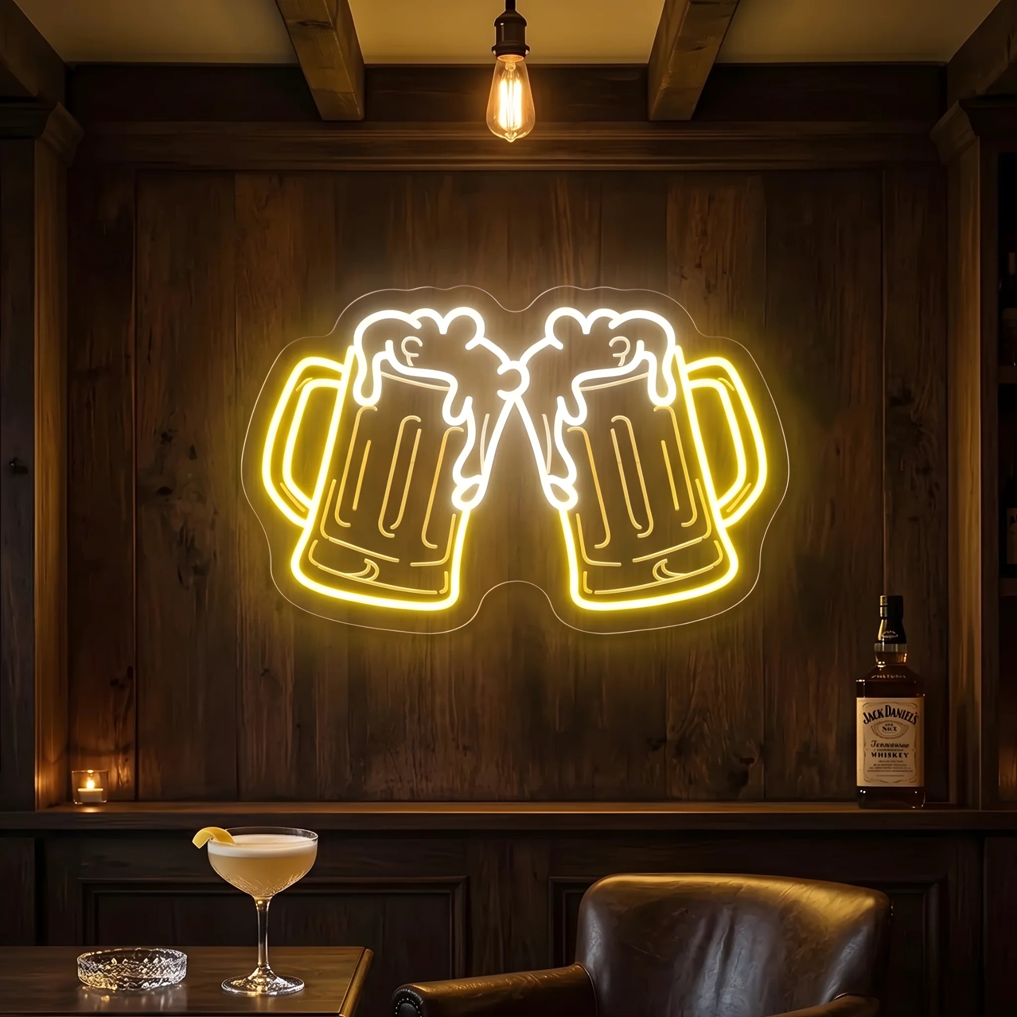 Photo of the 'BEER CHEERS' neon sign glowing in cool white and lemon yellow against a styled interior wall.