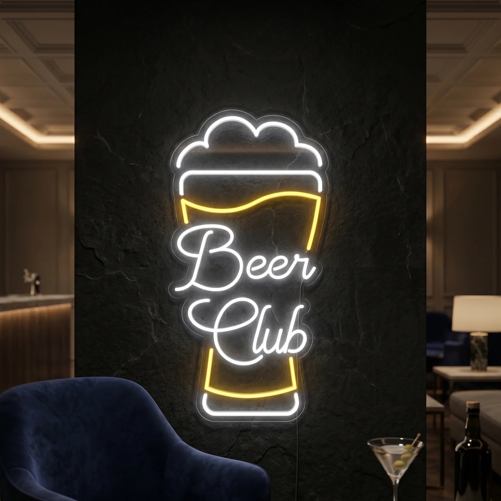 Photo of the 'BEER CLUB' neon sign glowing in cool white and lemon yellow against a styled interior wall.