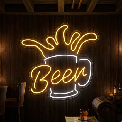 Photo of the 'BEER mug' neon sign glowing in cool white and lemon yellow against a styled interior wall.