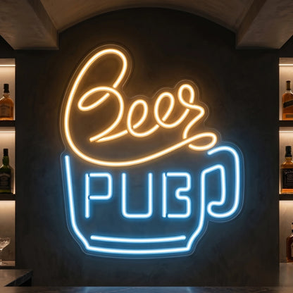 Photo of the 'BEER PUB' neon sign glowing in ice blue and warm white against a styled interior wall.