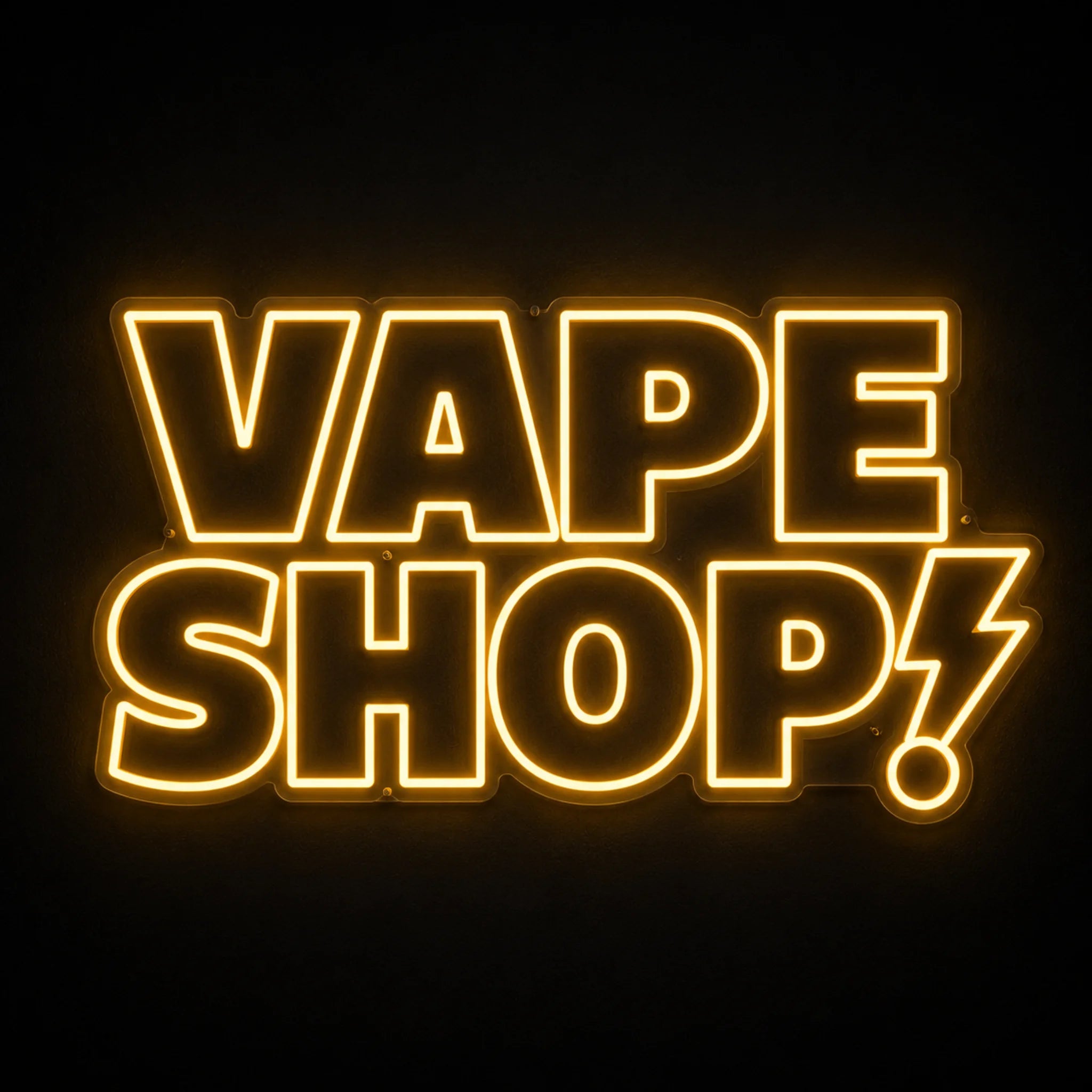 Vape Shop LED neon sign on clear acrylic backing with warm golden illumination for vape shop wall décor.